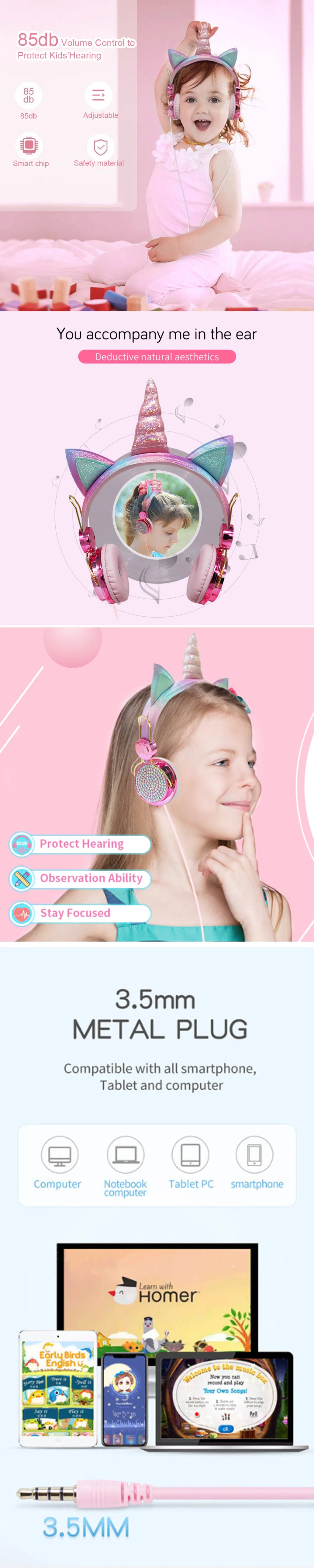 Wholesale Christmas Gifts Cute Diamond Unicorn Cotton Headphones Wired Kids Headsets