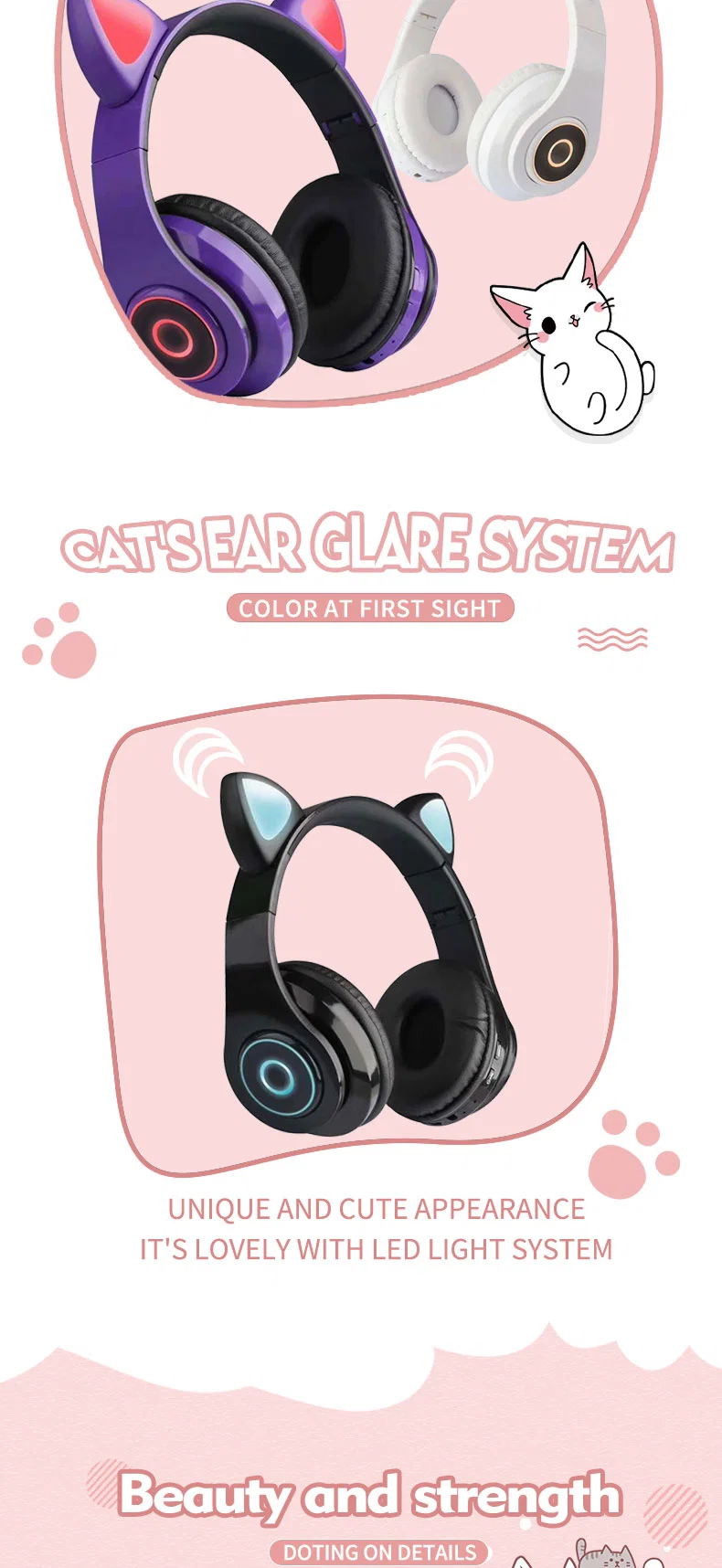 RGB Light Glossy Cute Cat Ear Bluetooth Headphone with FM Raido and TF Card Player Kids Lovely Headphone