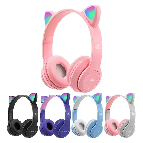 P47m LED Light Cute Cat Ear Headphones Gaming Bluetooth 5.0 Wireless Headset Gamer HiFi Sport Earphones Wireless Earbuds 